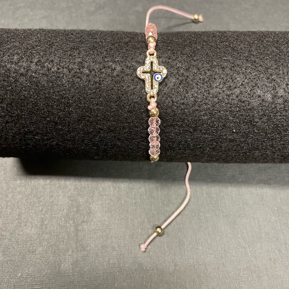 New Pink Cross with with evil eye protection pink/gold beads, adjustable closure